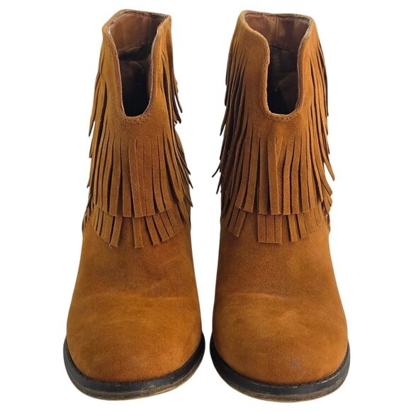 Nature Breeze Tan Faux Suede Double Fringe Dallas 03 Western Ankle Boots Sz 9 - Picture 2 of 7